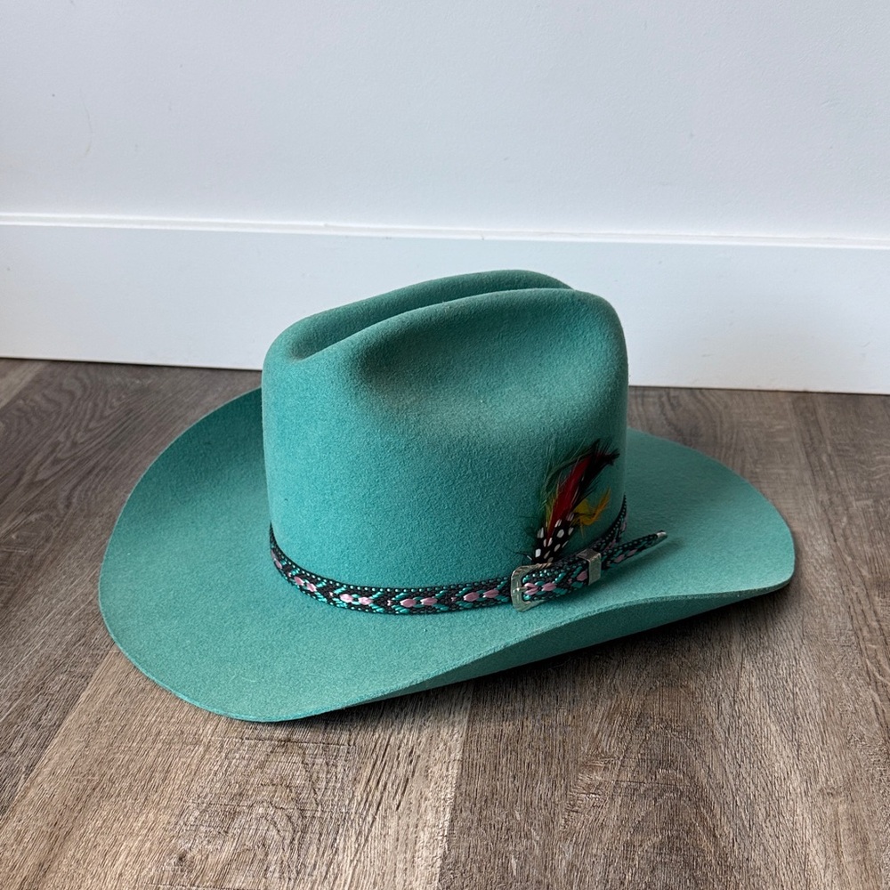 Vintage Teal Cowboy Hat with Feather Accent - Size 6 7/8